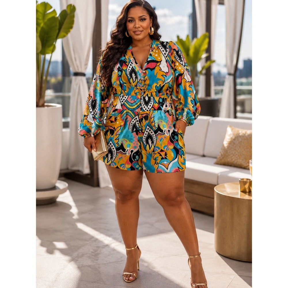 Ashley Stewart Romper Womens 20 Multi Color Abstract Print Balloon Sleeve NWT